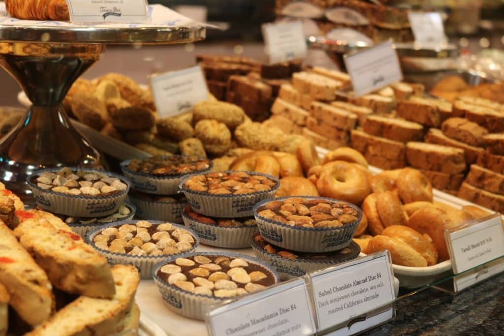 Selection of baked goods on display at a bakery