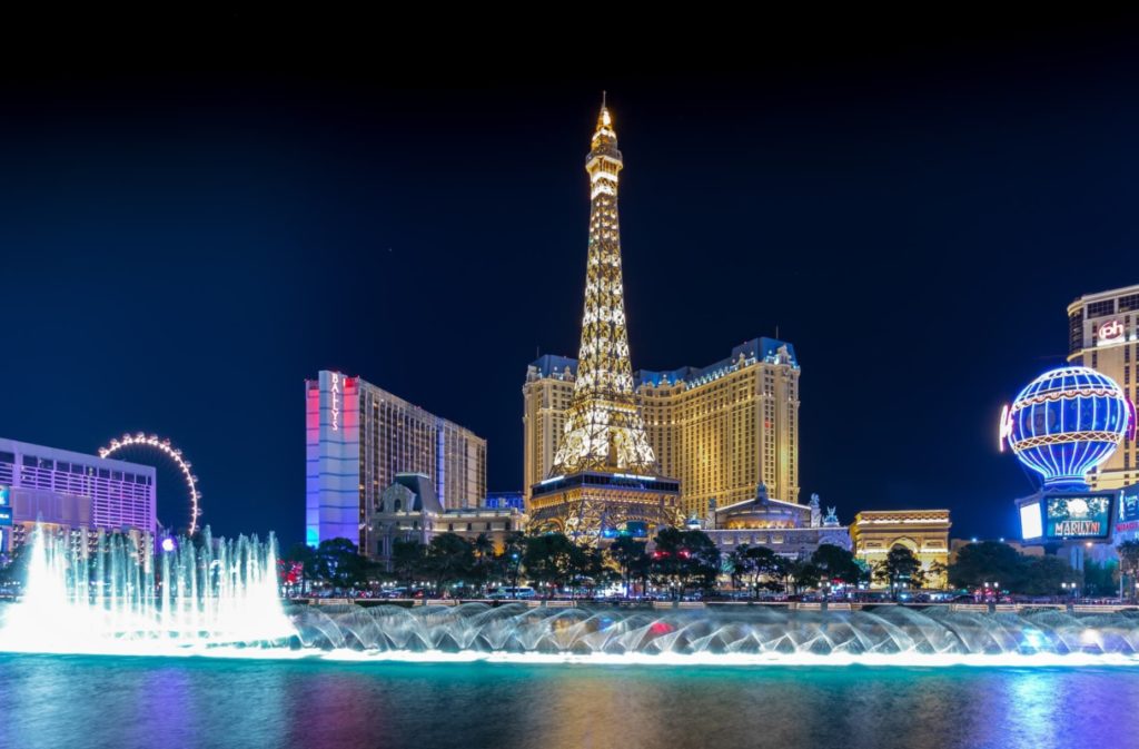 image of the exterior of the bellagio hotel and casino showcasing their world famous faountains at night
