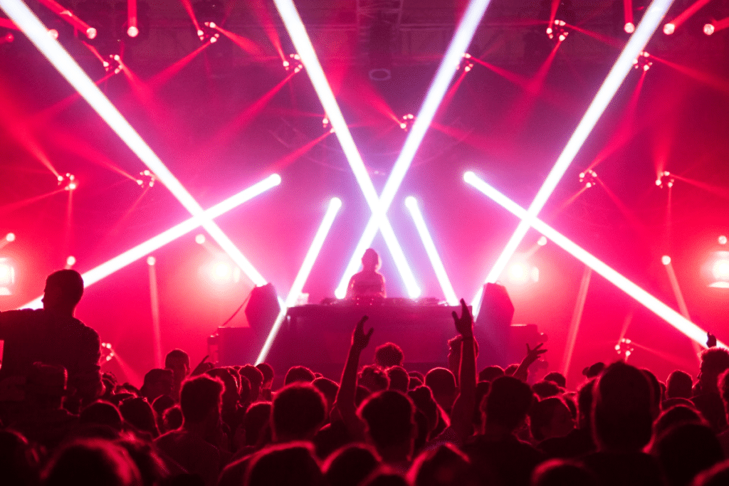 The dancefloor of a nightclub with a stunning light display