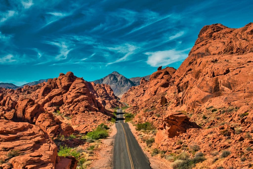 Red Rock Canyon in Nevada with bright red sandstone peaks. 